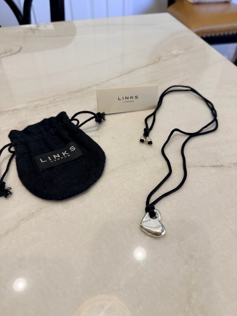 Links Of London Pure Silver Heart Pendant Black Cord Necklace